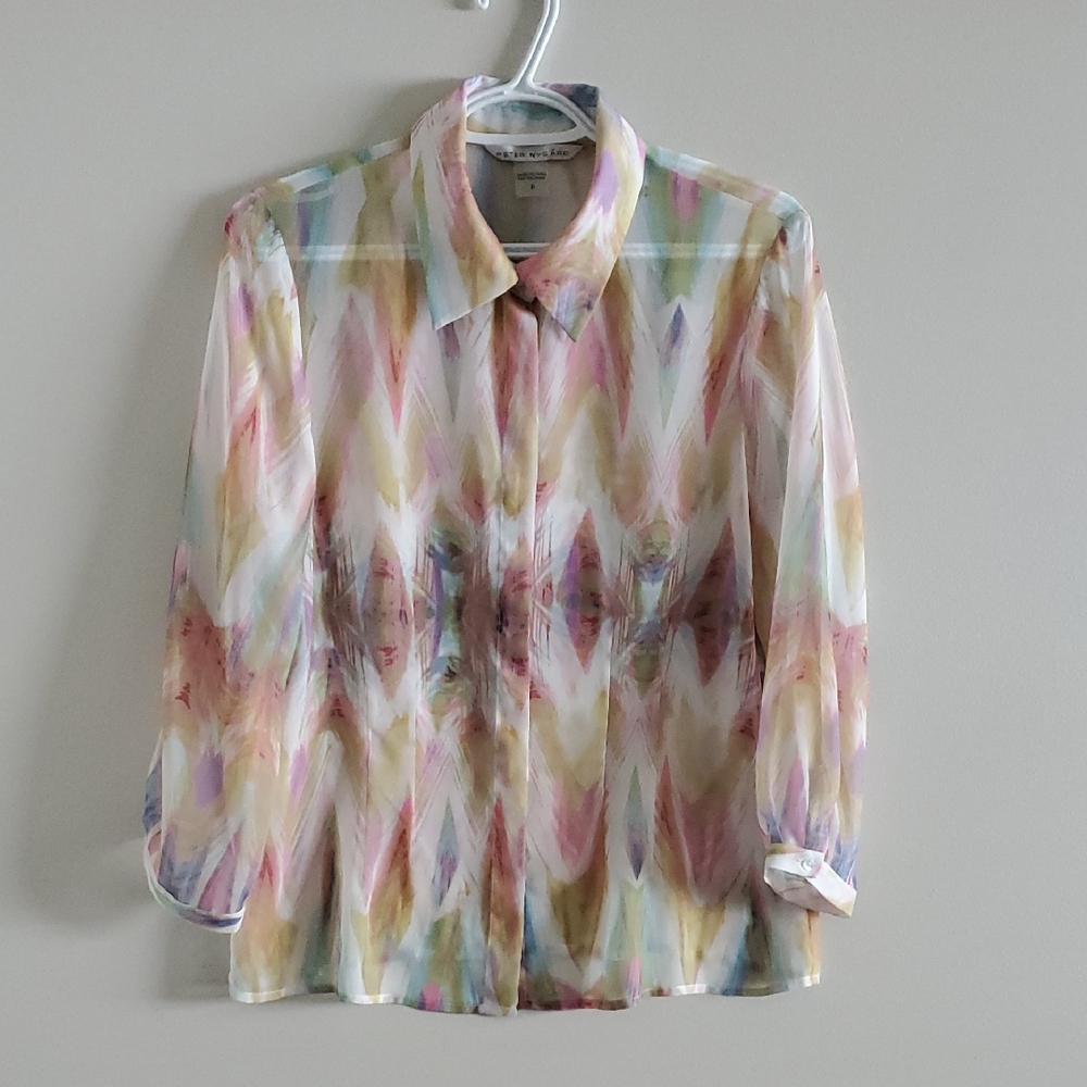 Peter Nygard Soft Pastel 3/4 Sleeves Fairy Feathers Cute Girly Sheer Blouse Sz 8